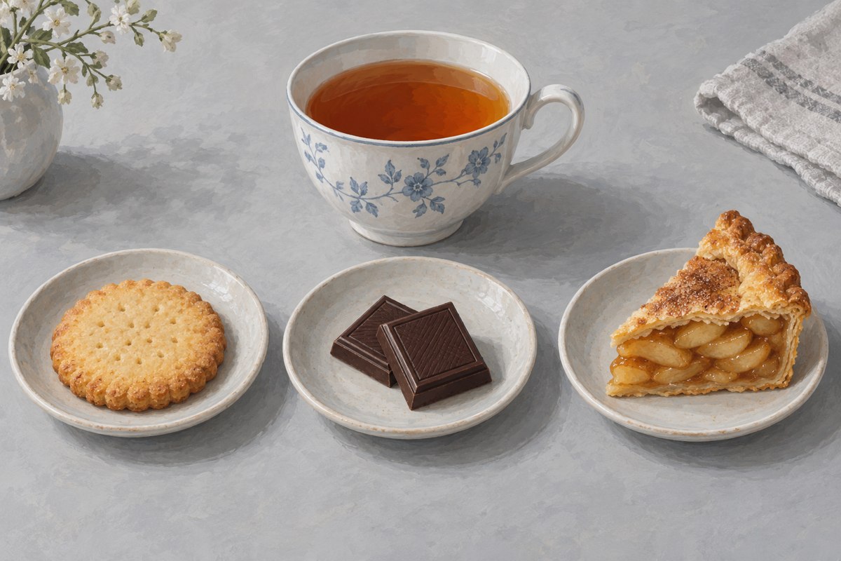 ビスケット、チョコレート、アップルパイを別々の小皿に並べた食べ比べのイラスト