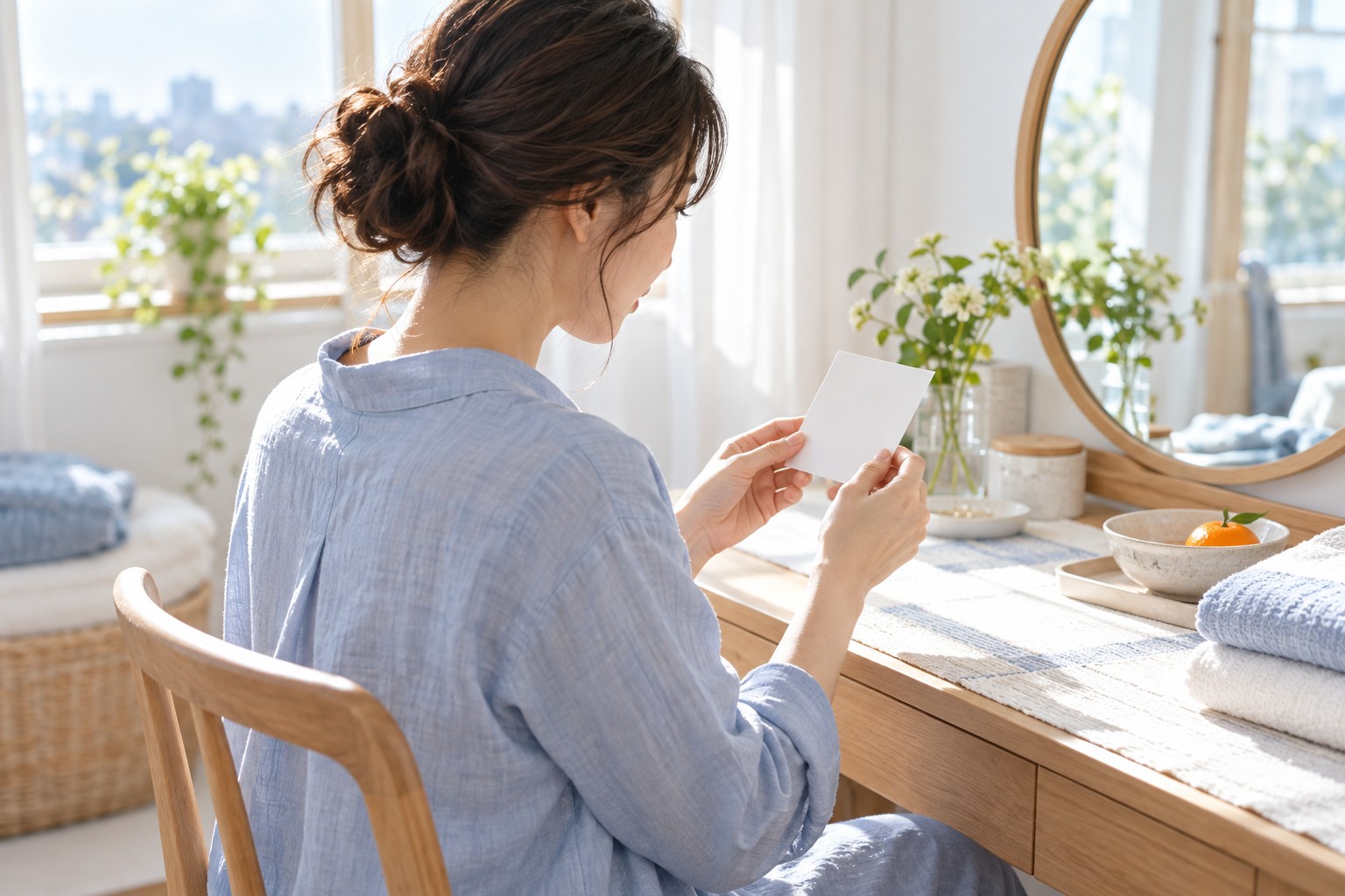 洗面台で使用前の説明カードを読む成人女性の生活場面の生成イメージ