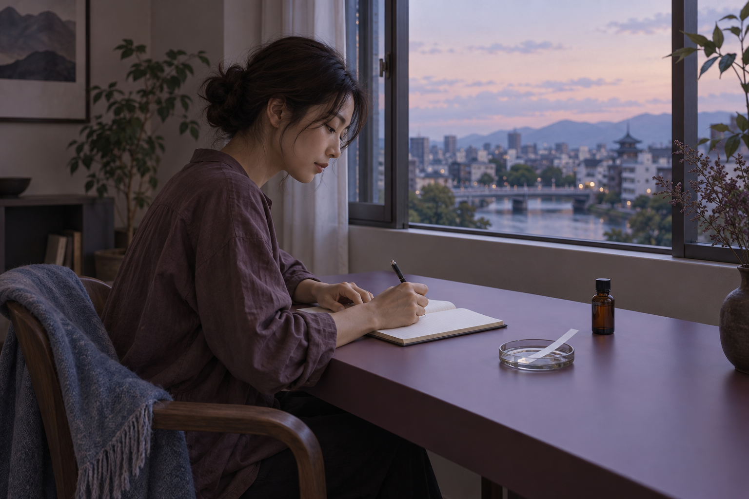 夕方の窓辺で、精油とムエットを脇に置き香りの印象をノートへ書く人
