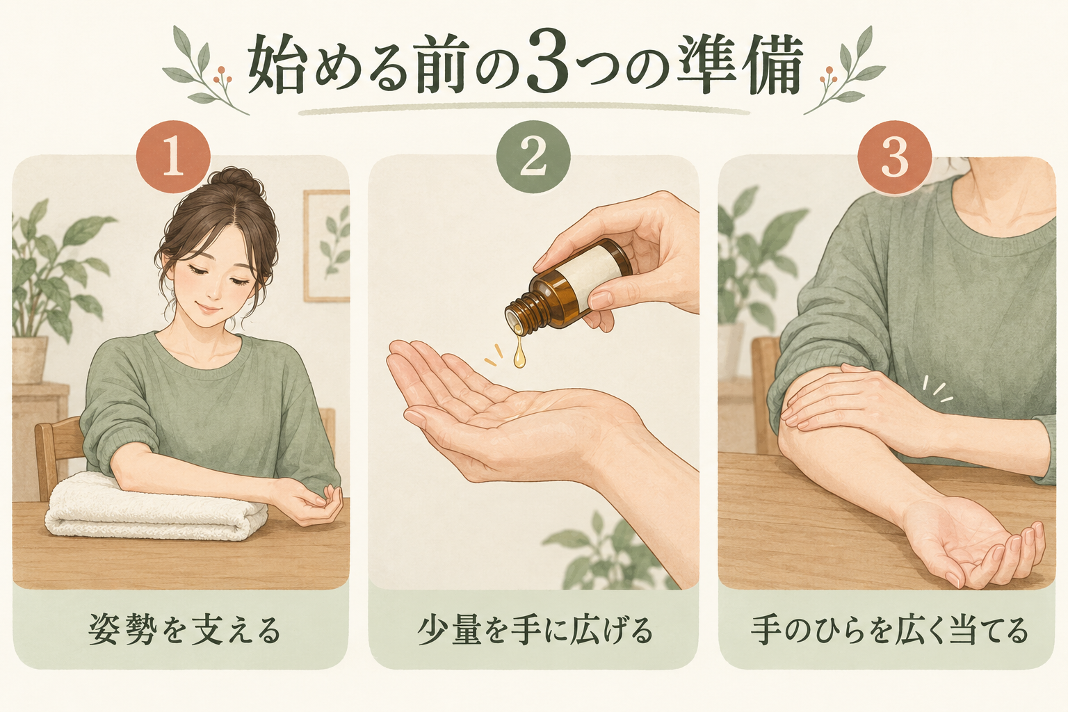 姿勢を支える、少量を手に広げる、手のひらを広く当てる準備の図解