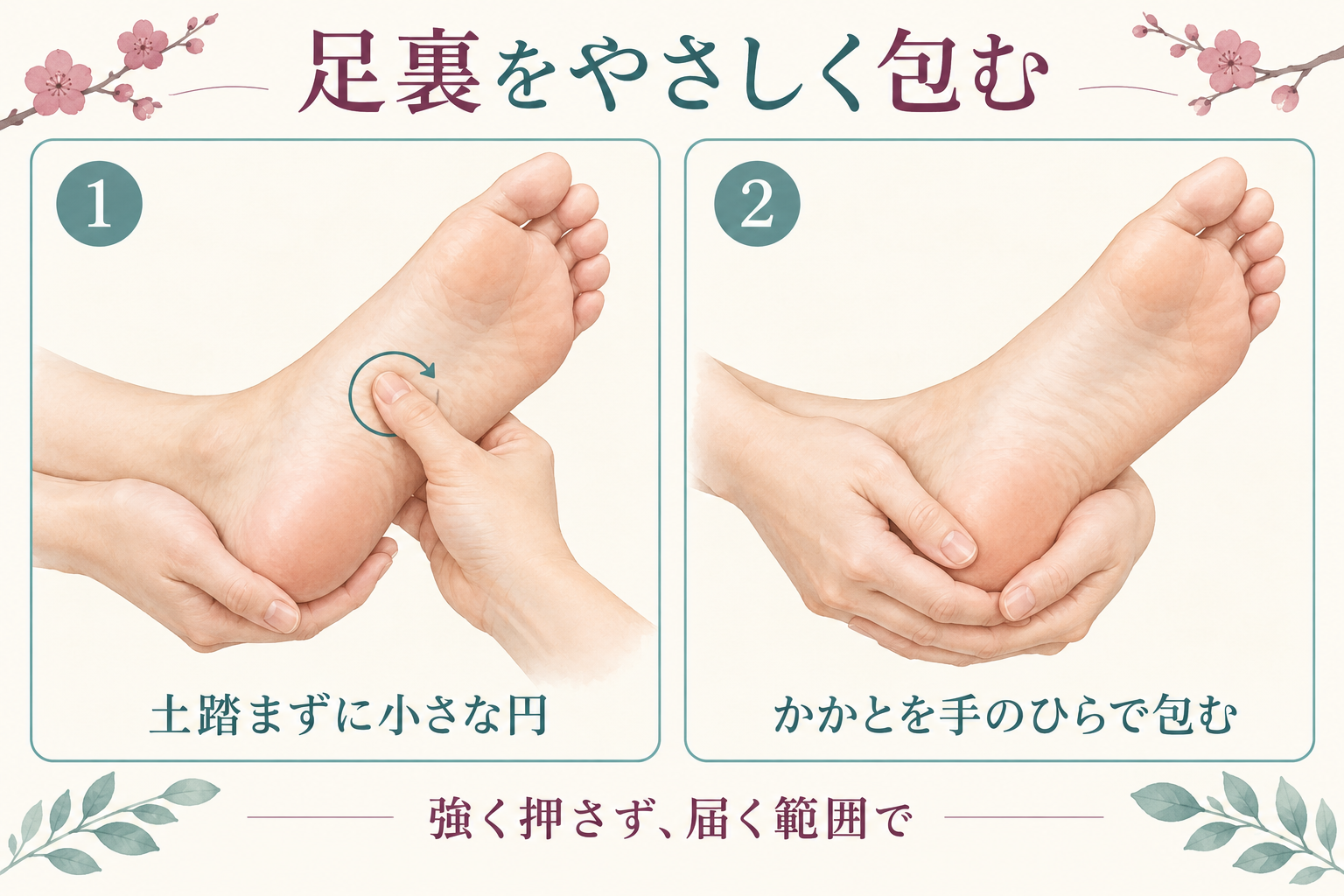 土踏まずに親指の腹で小さな円を描き、かかとを手のひらで包む図