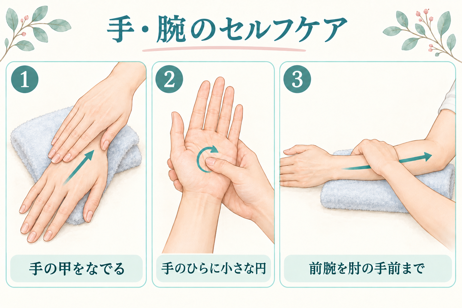 手の甲から手首、手のひらの小さな円、前腕から肘の手前への動きを示す図