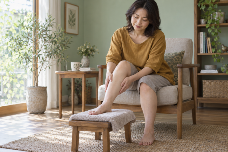足台に足を置き、ふくらはぎに両手を添える女性