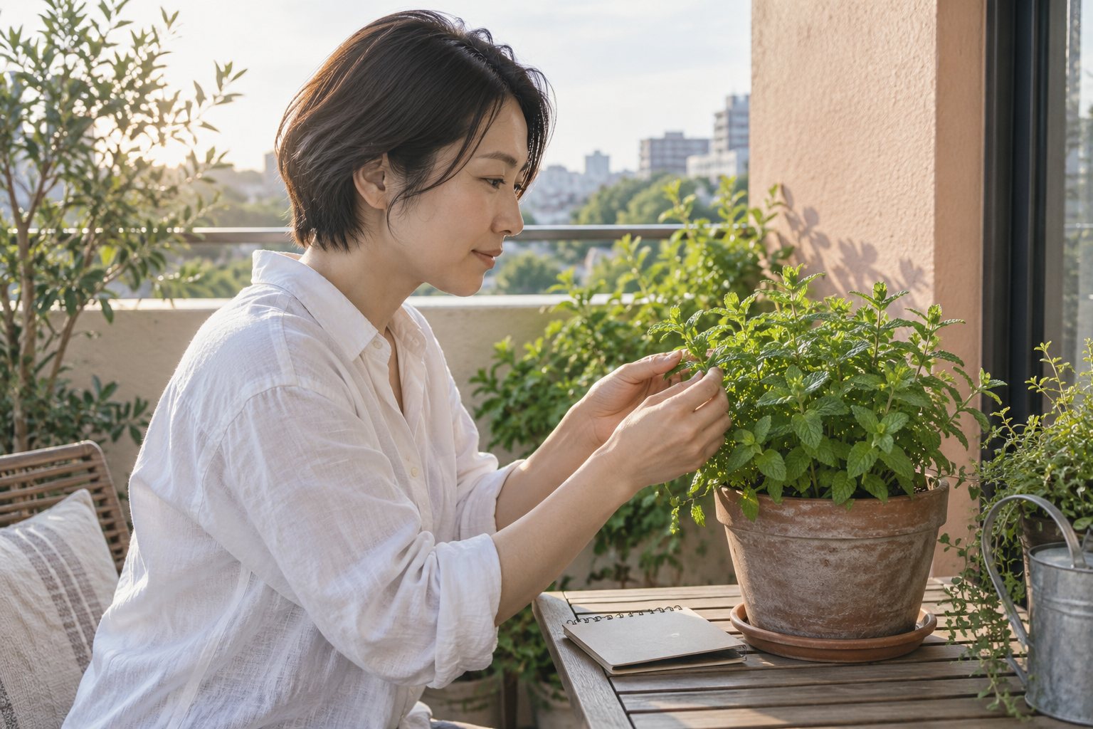 ベランダのミント鉢を観察する暮らしの場面