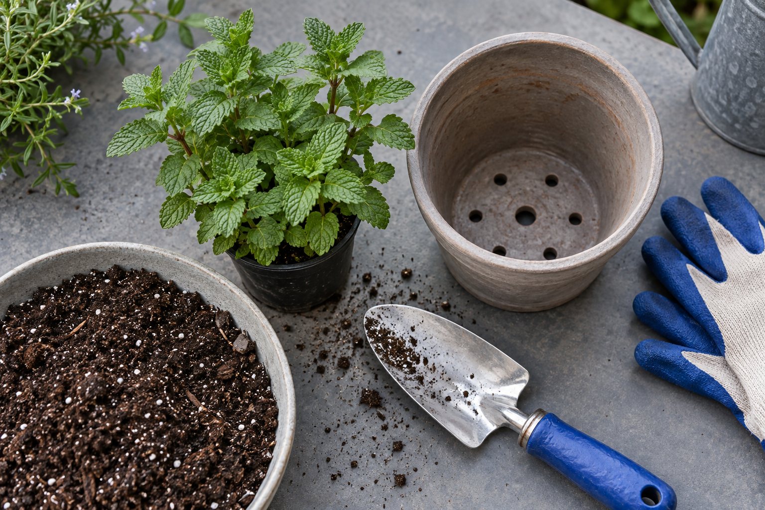 植え付け前にそろえたミント苗、排水穴のある鉢、移植ごて