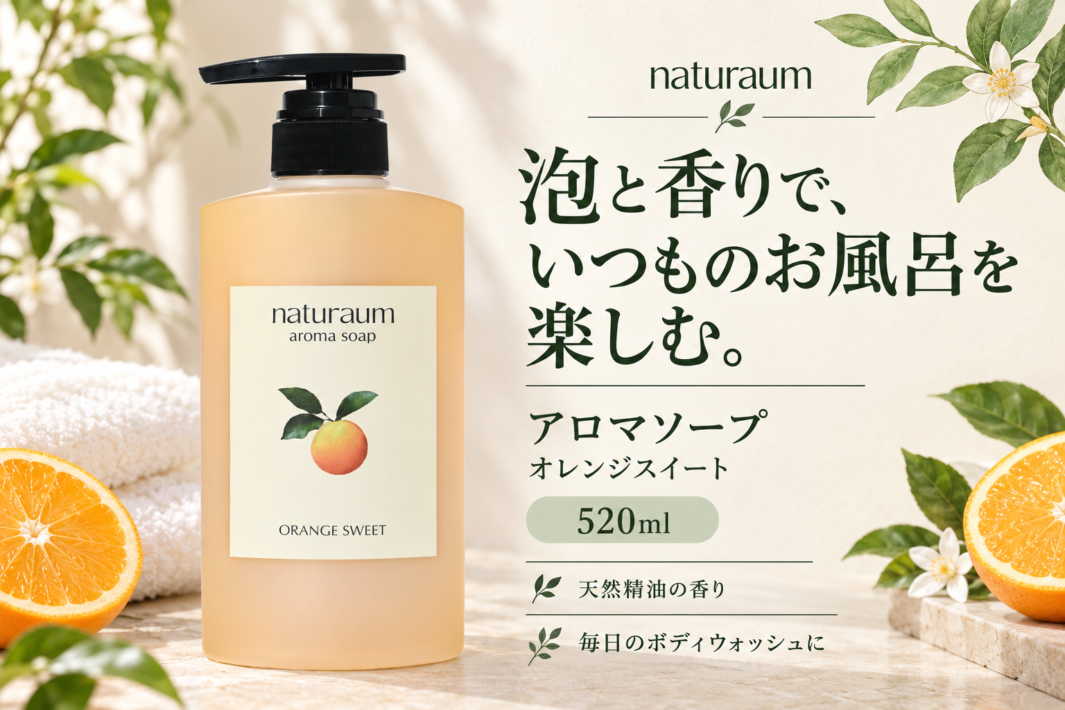 naturaumアロマソープ オレンジスイート520ml。天然精油の香りを毎日のボディウォッシュに