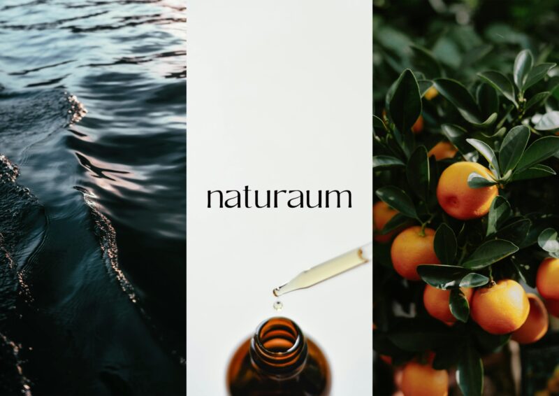 青い水面、naturaumのロゴと精油、柑橘を組み合わせたブランドイメージ