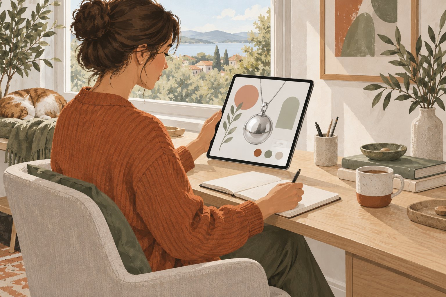 窓辺で香りの容器の資料を読みノートを取る大人のイラスト