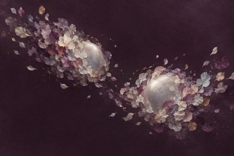 深い紫の背景に、小さな紙片が二つの真珠色のまとまりへ重なる概念イラスト
