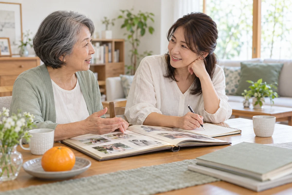 母親の話を聞きながらアルバムを開いてメモする成人の娘の生成イメージ