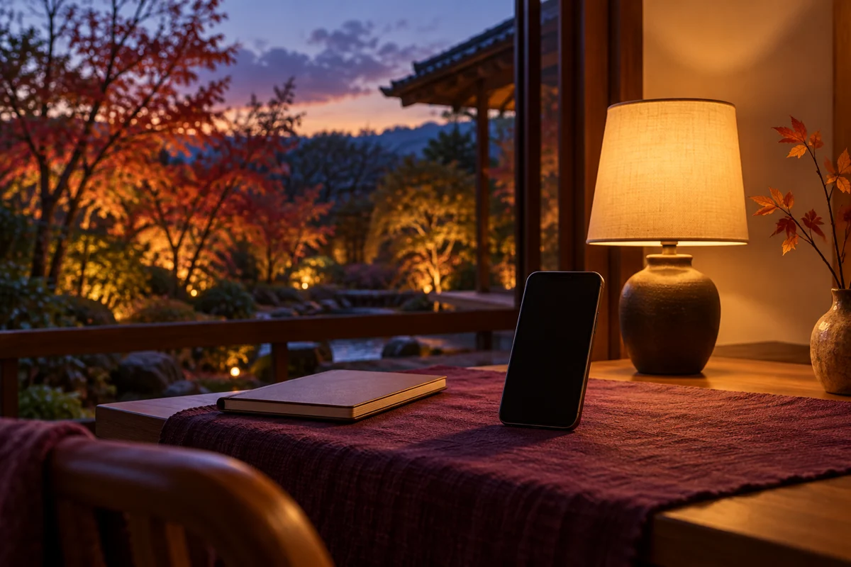 秋の夕暮れの窓辺に電話とノートを置いた生成イメージ