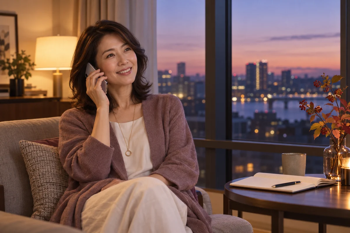 夕暮れに離れて暮らす家族と電話を楽しむ成人女性の生成イメージ